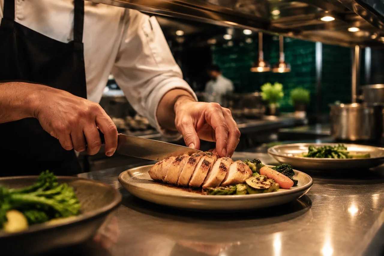 Présentation de poulet dans une cuisine professionnelle