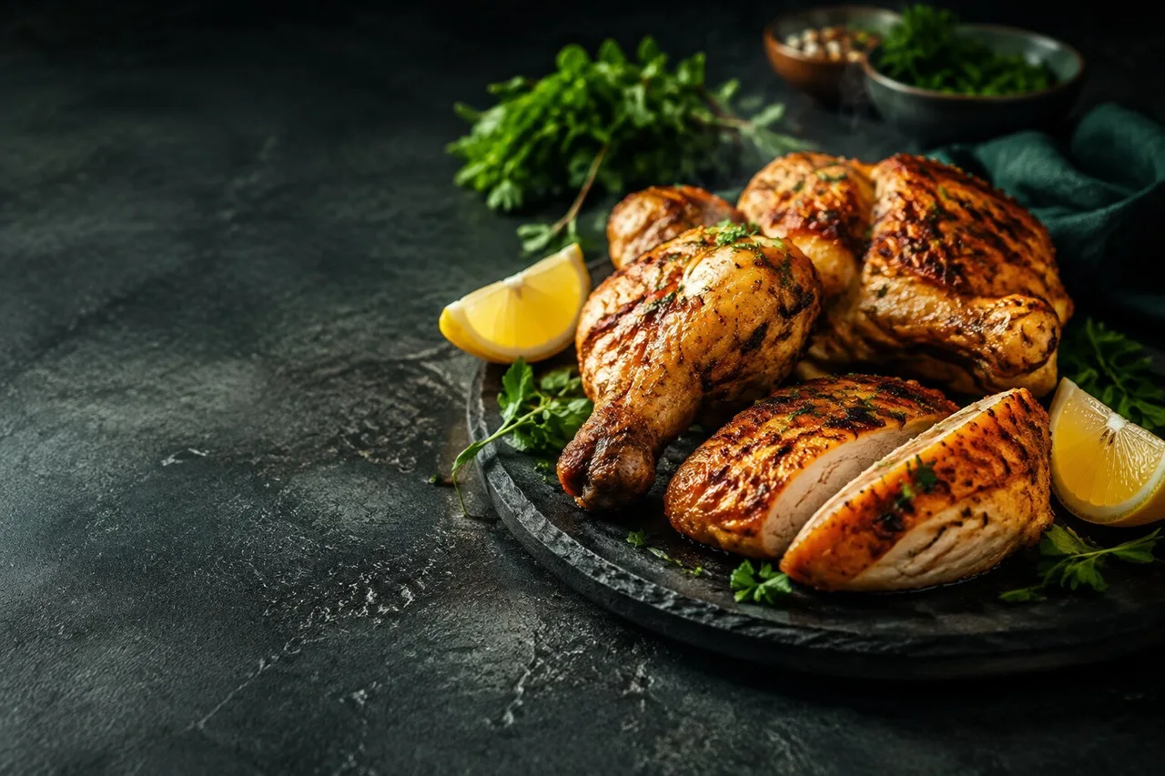 Poulet grillé présenté avec des herbes et du citron